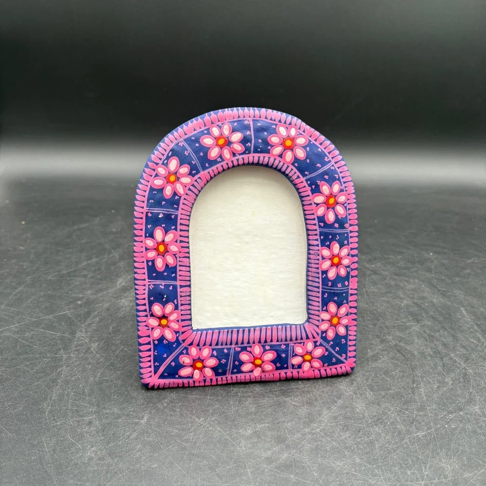 Mexican Folk Art Terra Cotta Picture Frame Hand Painted Blue Pink Floral Arched